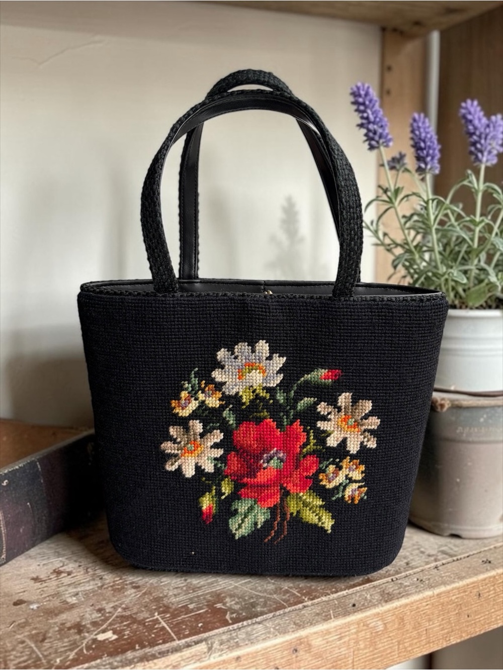 Vintage Black Needlepoint Tote with Red Floral Accent - Picture 2 of 16